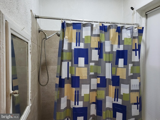 interior details with a shower with curtain