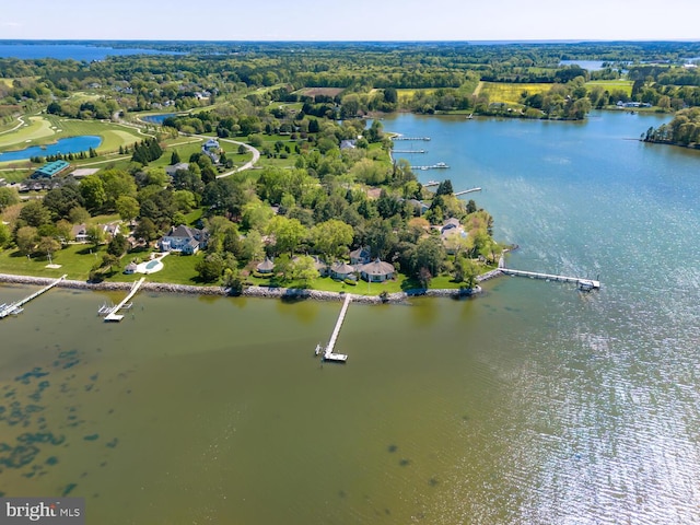 drone / aerial view featuring a water view