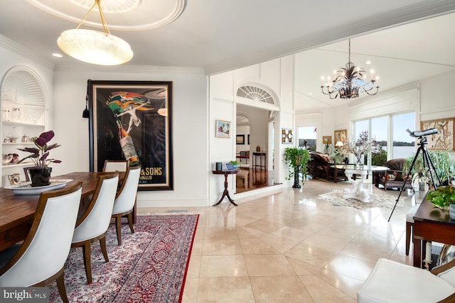 dining room with light tile patterned flooring, an inviting chandelier, and ornamental molding