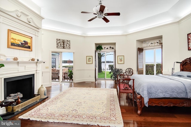 bedroom featuring a tray ceiling, multiple windows, dark wood-style floors, and access to exterior