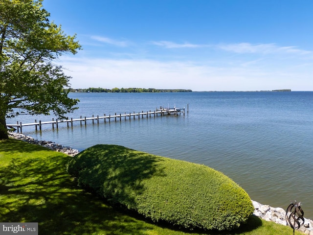 view of dock featuring a yard and a water view