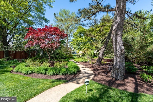 view of home's community with fence and a lawn