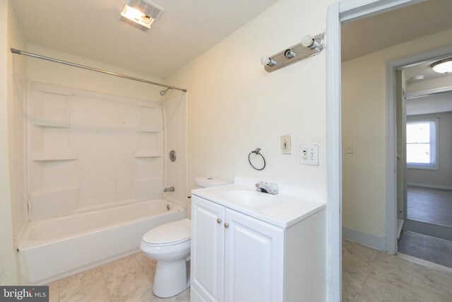 full bathroom featuring toilet, shower / bathtub combination, vanity, and tile flooring