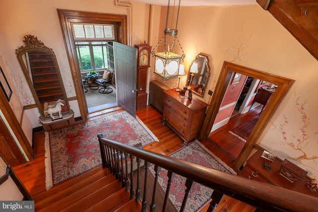 entryway with wood-type flooring and radiator