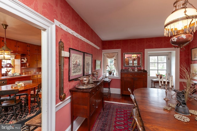 dining room with sink and dark wood-type flooring