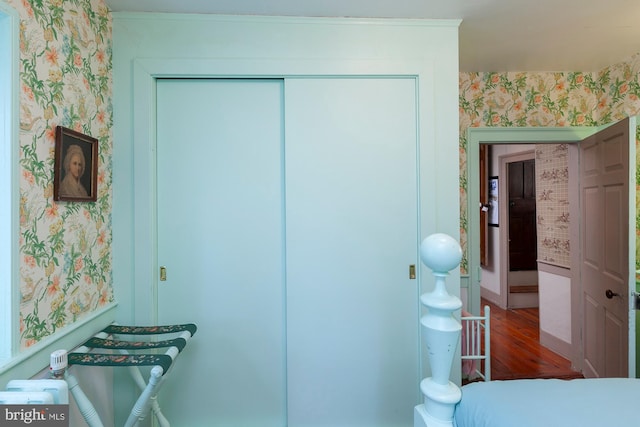 bedroom with hardwood / wood-style floors and a closet