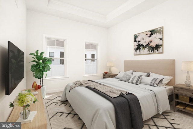 bedroom featuring light carpet, a raised ceiling, and crown molding