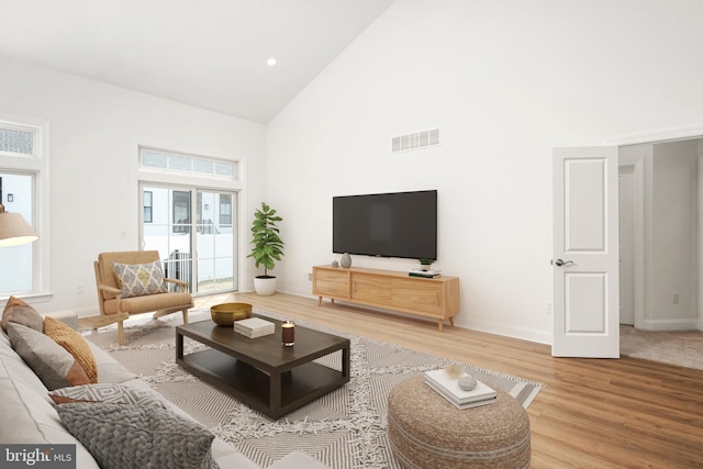 living room featuring high vaulted ceiling and hardwood / wood-style floors