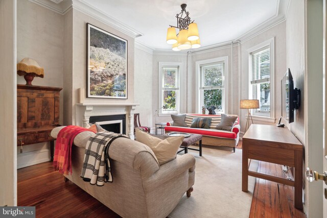 living room featuring ornamental molding, hardwood / wood-style floors, and a chandelier