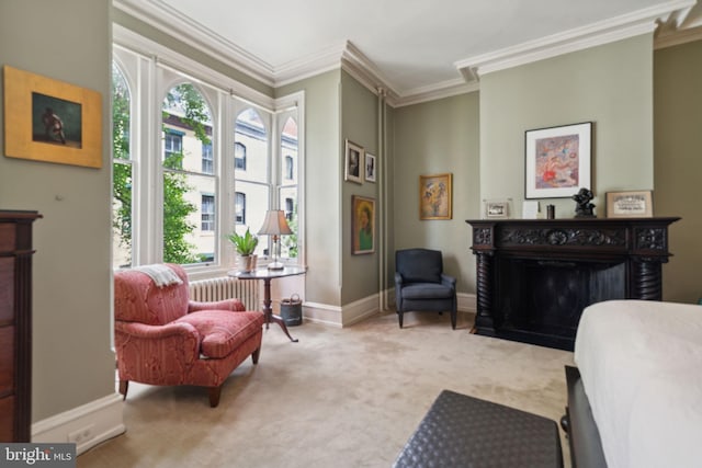 living area featuring carpet floors and ornamental molding