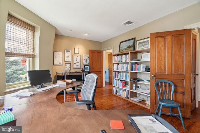 home office featuring dark hardwood / wood-style flooring