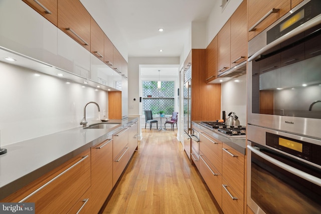 kitchen featuring stainless steel appliances, sink, and light wood-type flooring