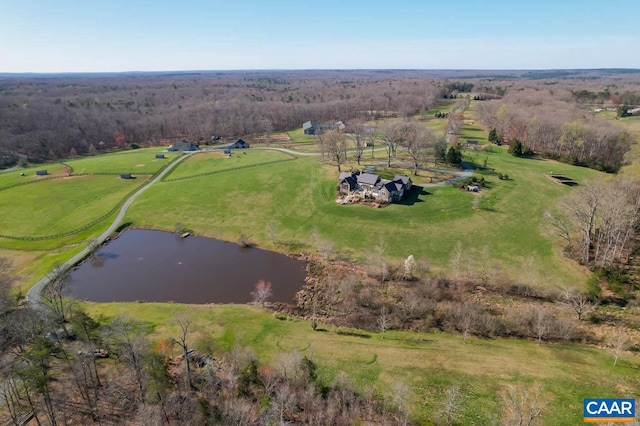 bird's eye view featuring a rural view and a water view