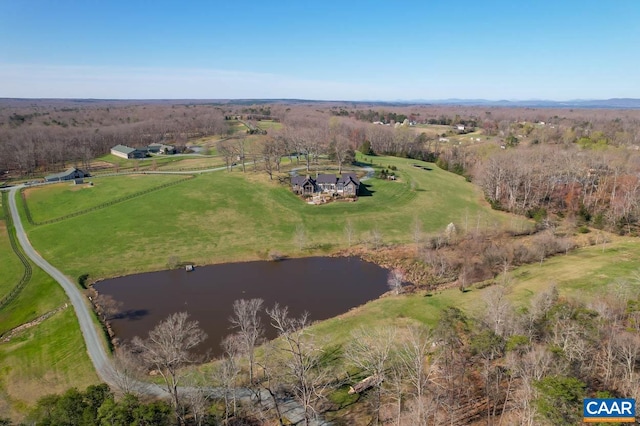 bird's eye view with a rural view and a water view