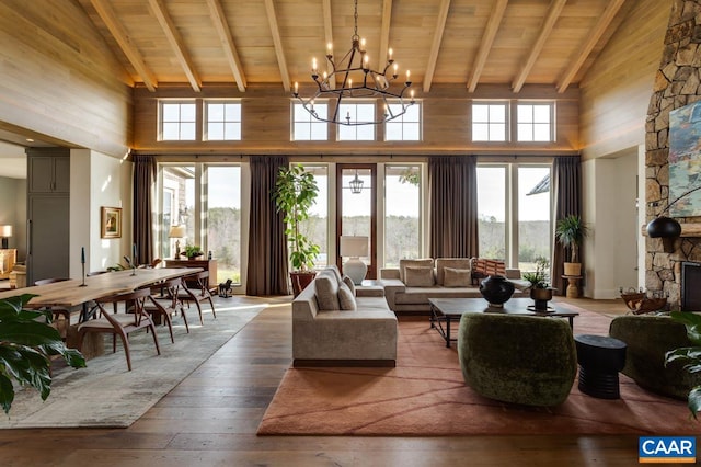 living room with a stone fireplace, high vaulted ceiling, wood ceiling, a chandelier, and hardwood / wood-style flooring