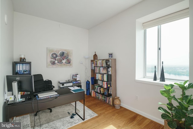 home office featuring wood-type flooring, a water view, and plenty of natural light