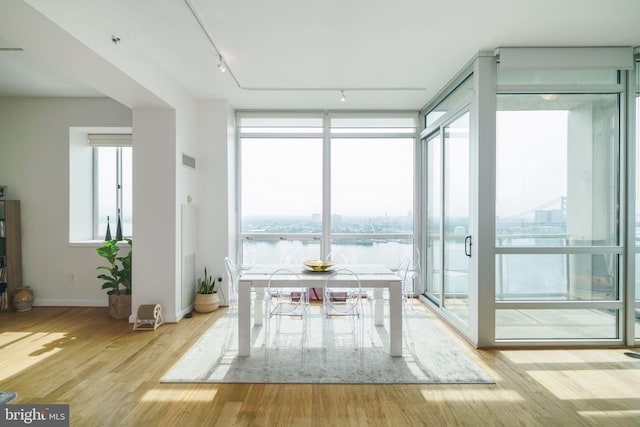 unfurnished sunroom with plenty of natural light, a water view, and track lighting