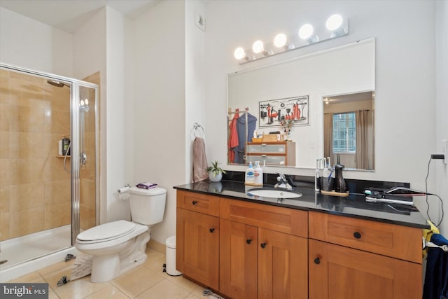 bathroom with tile patterned floors, vanity, toilet, and an enclosed shower