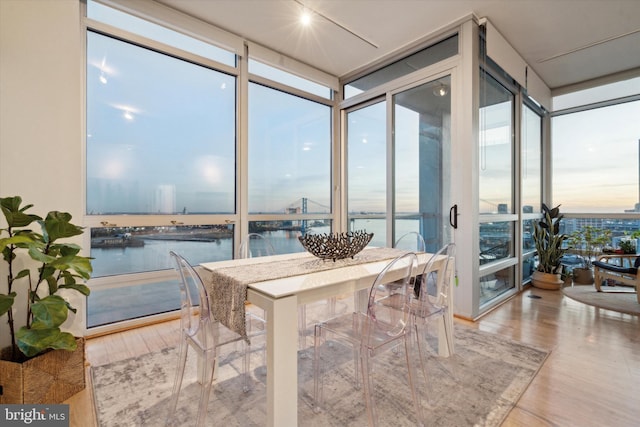 sunroom with a water view