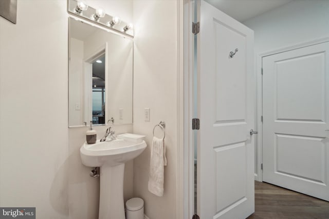 bathroom with hardwood / wood-style floors