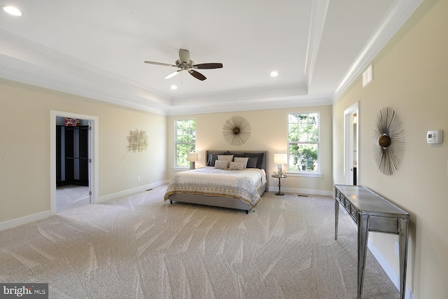 carpeted bedroom with multiple windows, crown molding, ceiling fan, and a raised ceiling