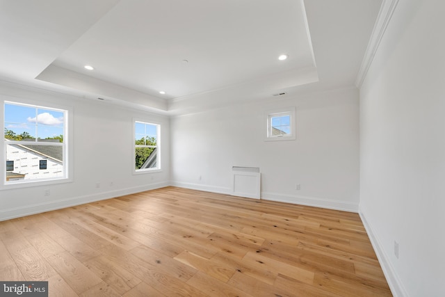 empty room featuring crown molding, light wood-type flooring, and a raised ceiling