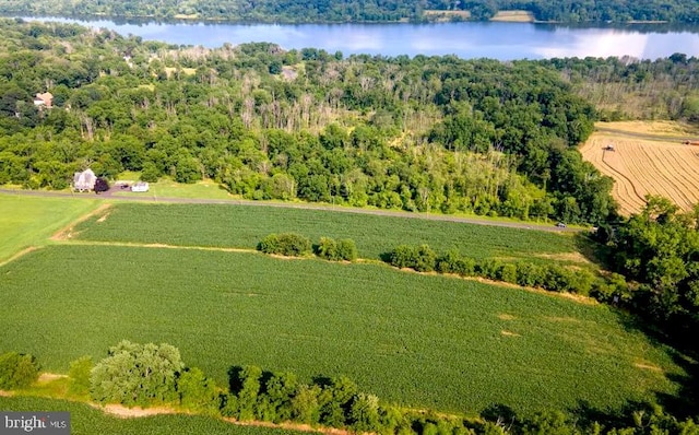 aerial view featuring a water view and a rural view