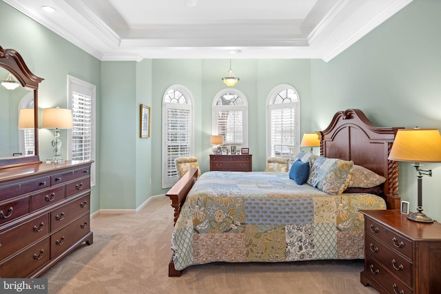 carpeted bedroom featuring a raised ceiling and ornamental molding