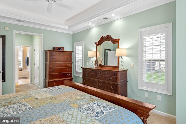 bedroom with light carpet, ceiling fan, multiple windows, and crown molding