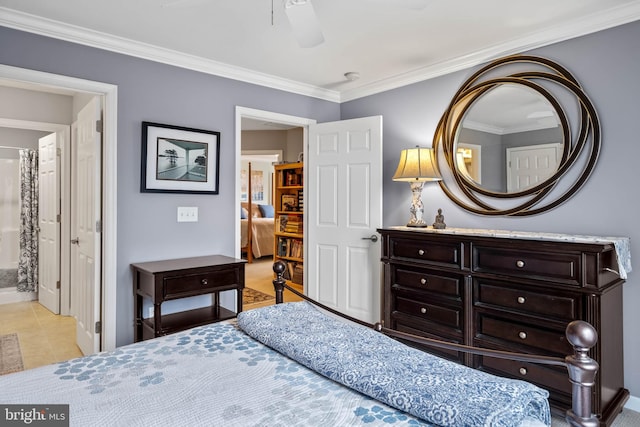 bedroom with ensuite bath, ornamental molding, light tile flooring, and ceiling fan