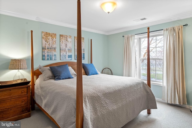 bedroom featuring light carpet, multiple windows, and crown molding