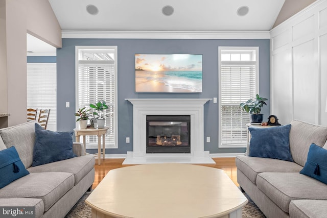 living room featuring vaulted ceiling and light hardwood / wood-style flooring