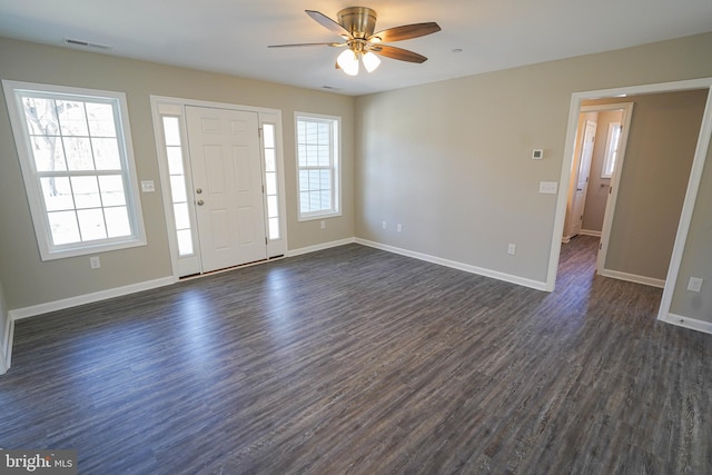 entrance foyer with ceiling fan and dark hardwood / wood-style flooring