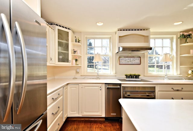 kitchen with dark hardwood / wood-style floors, stainless steel appliances, white cabinetry, and custom exhaust hood