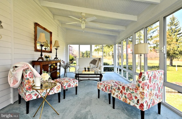 sunroom featuring ceiling fan and plenty of natural light