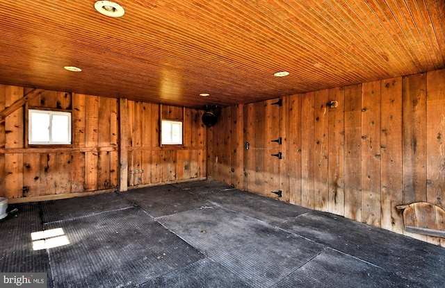 empty room with wooden ceiling and wood walls