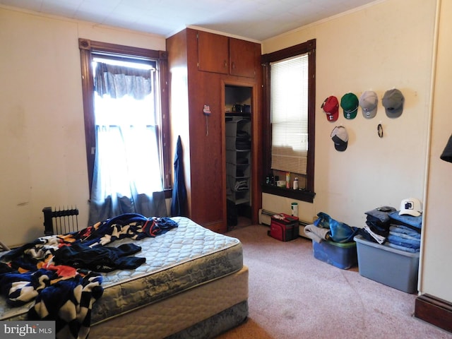 carpeted bedroom with multiple windows, radiator, and baseboard heating