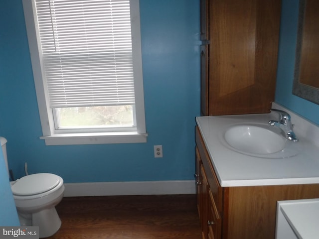 bathroom featuring toilet, vanity with extensive cabinet space, and hardwood / wood-style floors