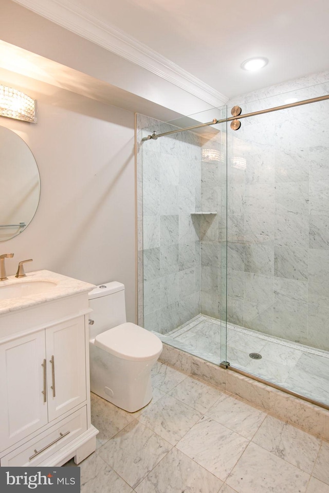 bathroom featuring a shower with shower door, toilet, vanity, tile floors, and ornamental molding