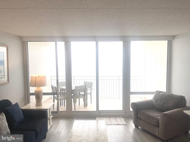 living room featuring a textured ceiling and hardwood / wood-style flooring