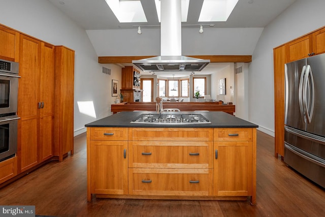 kitchen featuring appliances with stainless steel finishes, lofted ceiling with skylight, island range hood, dark hardwood / wood-style floors, and a kitchen island with sink