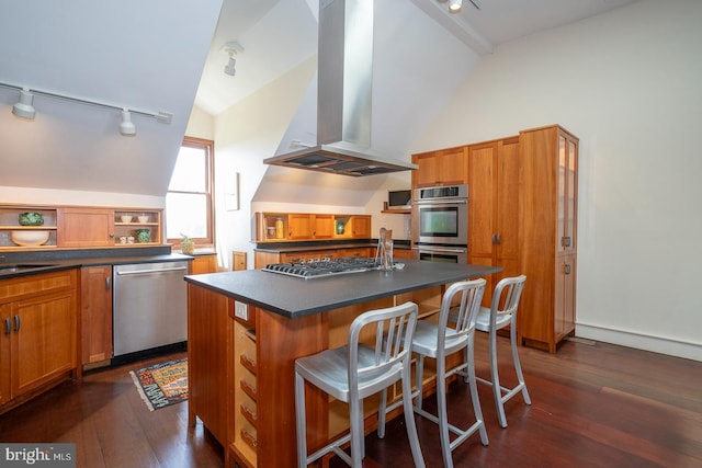 kitchen featuring a center island with sink, island exhaust hood, dark hardwood / wood-style flooring, and track lighting