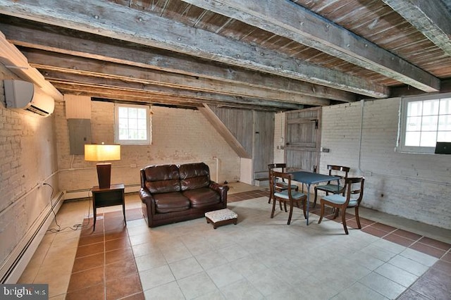 interior space featuring beam ceiling, baseboard heating, electric panel, and a wall mounted air conditioner