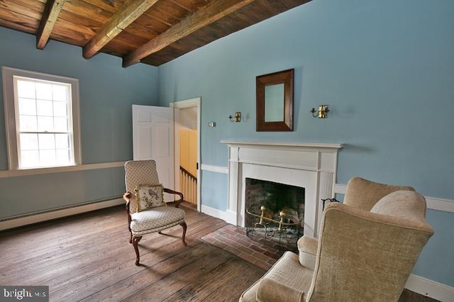 sitting room with beamed ceiling, wood ceiling, and hardwood / wood-style floors