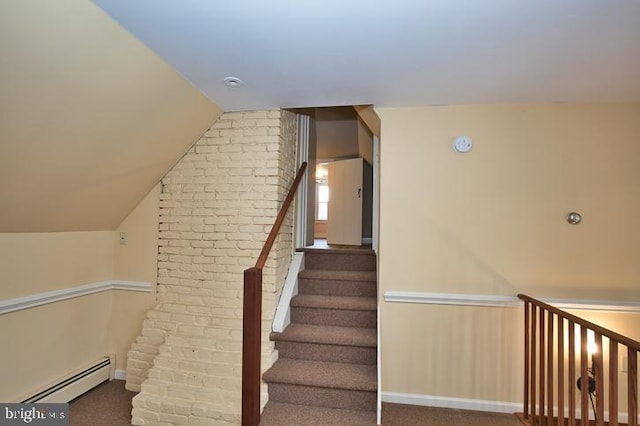 stairs featuring carpet, lofted ceiling, and a baseboard radiator