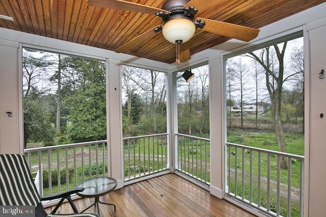 unfurnished sunroom with ceiling fan and wooden ceiling