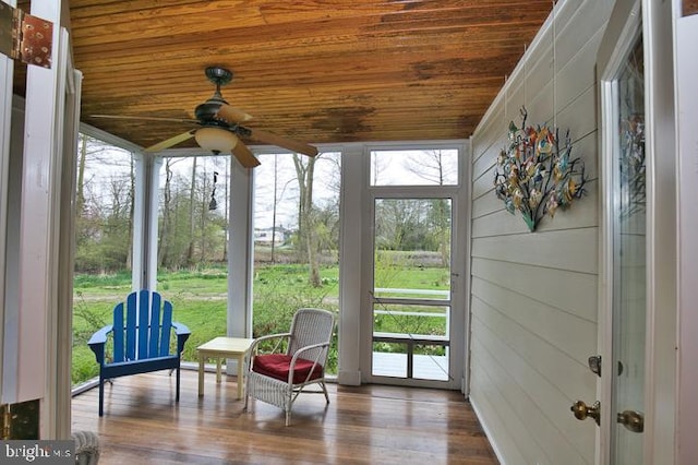 sunroom / solarium with wood ceiling and ceiling fan