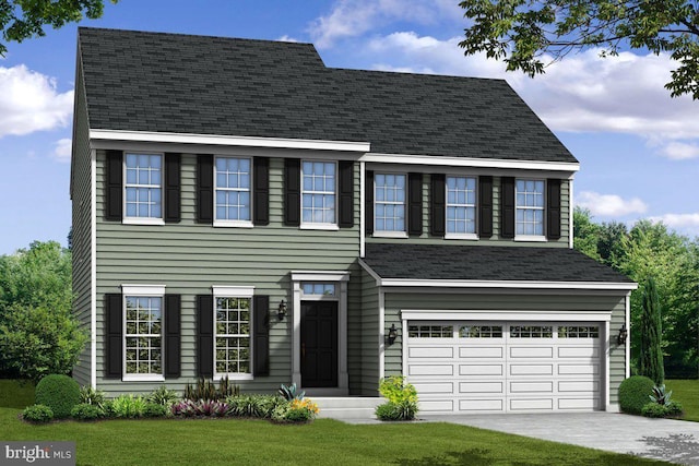 view of front of house with a front lawn and a garage