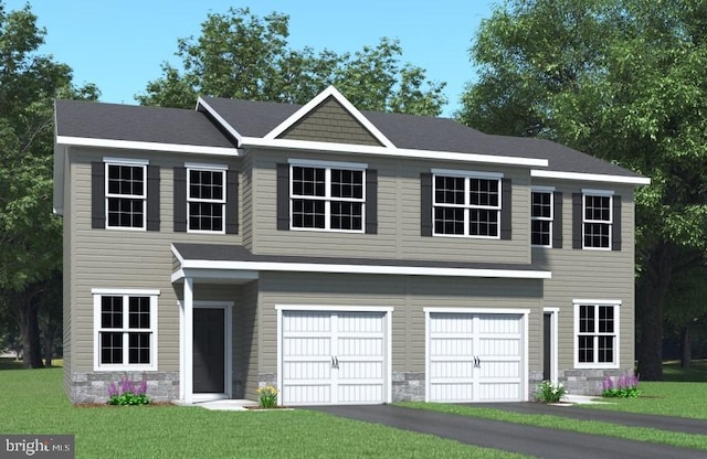 view of front facade featuring a garage, stone siding, driveway, and a front lawn