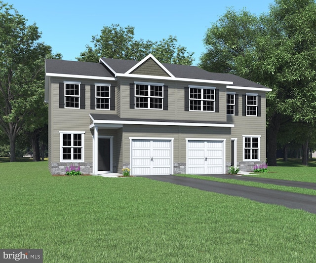 view of front of house featuring driveway, stone siding, an attached garage, and a front lawn